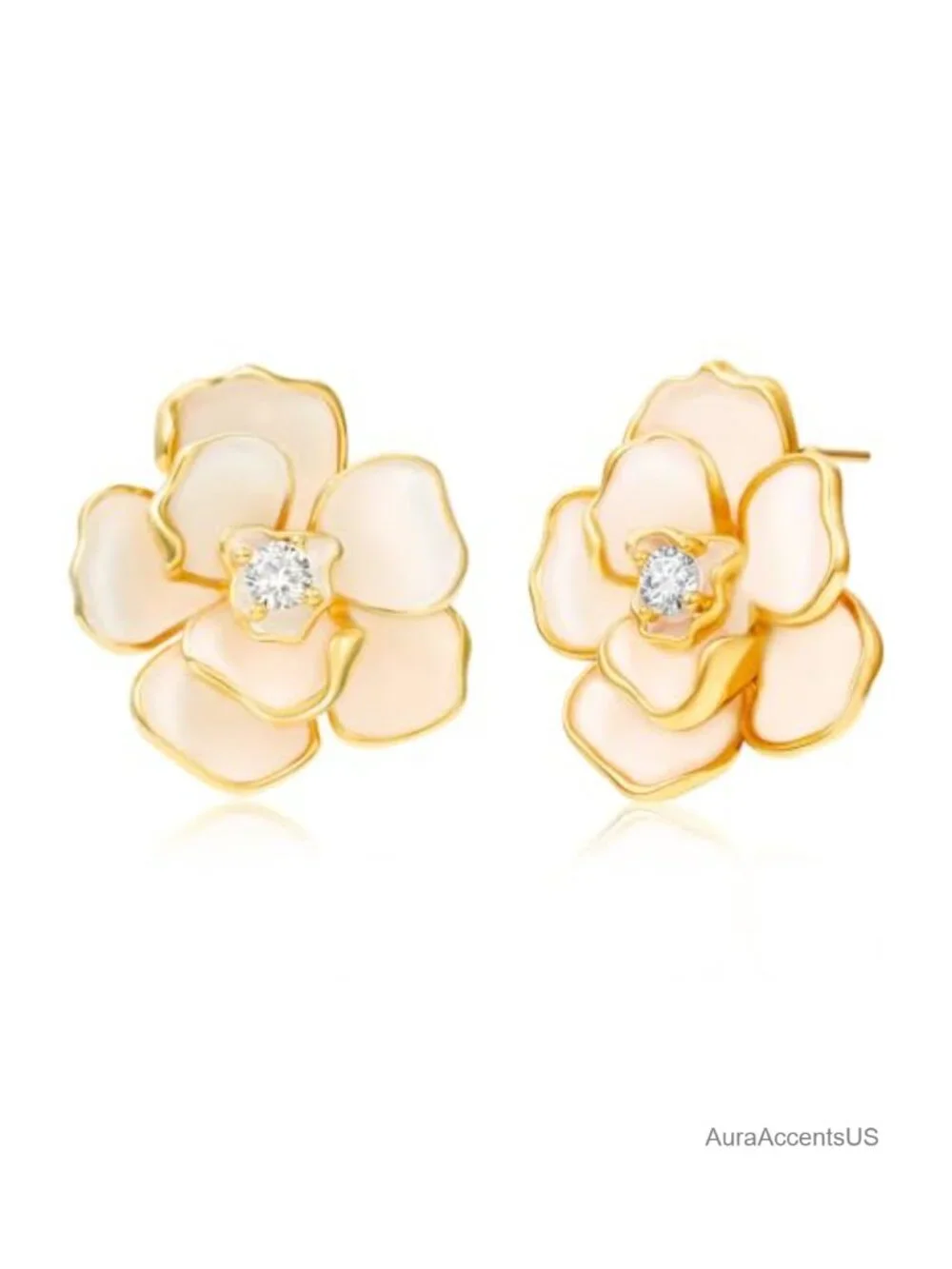 18k Gold Plated Enamel Flower Stud Earrings Cubic Zirconia